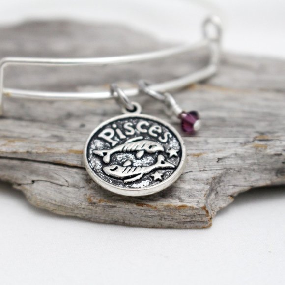 February Pisces Adjustable Charm Bangle - Handmade Zodiac Bracelet - Picture 3 of 11